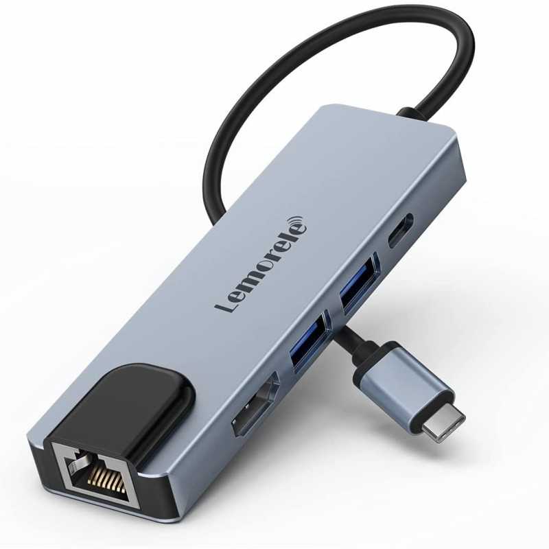 Lemorele Hub USB C Ethernet 6 in 1 Spazio Alluminio Adattatore USB C Hub con HDMI 4K, PD 100 W, 2 USB 3.0